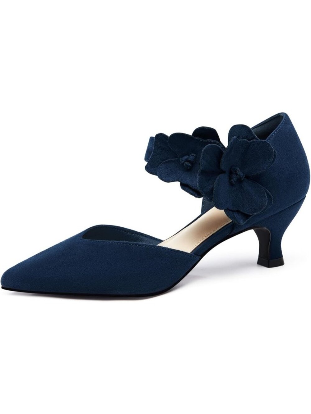 Women's Suede Navy Low Kitten Heels Closed Toe Flower Slip on Formal Heels Pumps